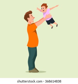 happy father holding his son, cartoon character, vector illustration 