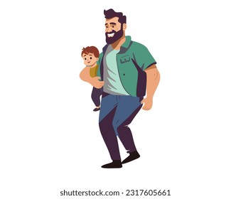 Happy father holding a little boy in his arms, father's day. Flat vector illustration