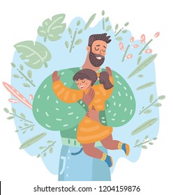 Happy father holding on hands his daughter. Daddy hugging his girl child. Parenting. Happy family. Vector cartoon illustration of in modern concept