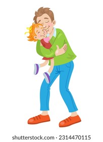 Happy father holds his little daughter in his arms. They stand hugging. In cartoon style. Isolated on white background. Vector flat illustration