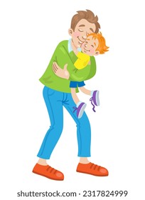 Happy father holds his little son in his arms. They stand hugging. In cartoon style. Isolated on white background. Vector flat illustration