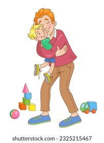 Happy father holds his little son in his arms. They stand embracing surrounded by toys. In cartoon style. Isolated on white background. Vector illustration