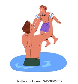 Happy father holds his son on hands. Parent plays with kid in water in summer. Boy in swimming sleeves, inflatable armbands has fun with dad. Flat isolated vector illustration on white background