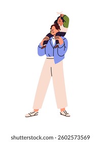 Happy father holds his son or daughter. Dad carries kid on neck. Parent and child play, have fun. Cute family spends time together outdoors. Flat isolated vector illustration on white background