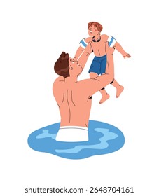 Happy father holds son and tosses up. Parent and kid play in swimming pool together. Dad and boy with inflatable sleeves on hands have fun water in summer. Flat isolated vector illustration on white