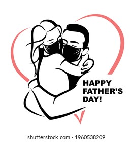Happy father hugging little daughter wearing protection face masks - isolated vector illustration