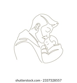 Happy father hugging little son family parenthood with love continuous line art style logo vector illustration. Daddy embracing kid child with tenderness best feelings monochrome icon for canvas print