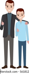 Happy Father Hugging Teenage Son. Illustration In Flat Cartoon Style.