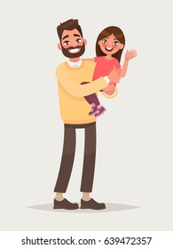 Happy father with a joyful daughter in his arms. Vector illustration in cartoon style