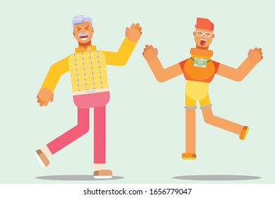 A happy father jumping with his son, Happy summertime theme. Simple vector illustration, this illustration can use as a sticker also. 