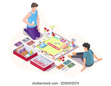 Padre feliz con un niño jugando juego de mesa en el suelo, ilustración isométrica vectorial plana. Papá con su hijo pasando tiempo juntos jugando a los negocios de mesa. Actividades de ocio en casa.