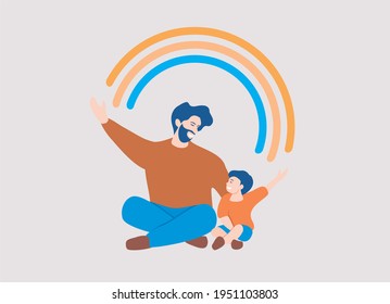 Happy father and kid sitting pose and open their arms to the rainbow. 
Smiling family creates dream spirit around them.