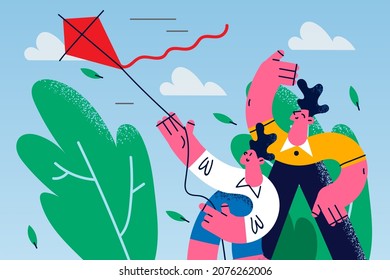 Happy father and kid throw in air paper kite outdoor. Loving smiling dad play with small child engaged in funny game in park together. Family weekend, entertainment. Flat vector illustration. 