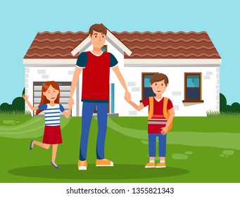 Happy Father with Kids Color Vector Illustration. Young Man with Boy and Girl Standing near House Cartoon Characters. Older Brother with Children on Walk. Countryside, Suburb, Uptown Flat Vector