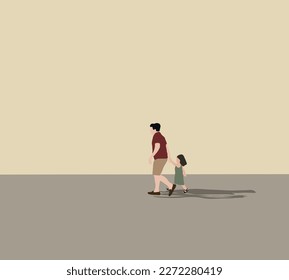 Happy father and little girl walking on street in summer park. Happy family spend time together. Father's Day. 