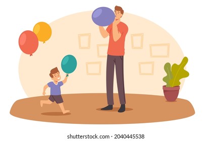 Happy Father and Little Son Characters Blow Balloons. Family Decorate Room for Birthday Party or Holiday Event Celebration. Parent and Kid Prepare for Anniversary. Cartoon People Vector Illustration