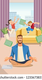 Happy Father in Lotus pose with Playing Children. Home Relax concept with Fun Cartoon characters. Vector Illuctration Parent and Children at Living Room modern interior.