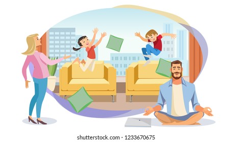 Happy Father in Lotus position surrounded Family. Home Relax Concept with fun Cartoon characters. Vector Illuctration Parent and Children at Living Room modern Interior on White Background