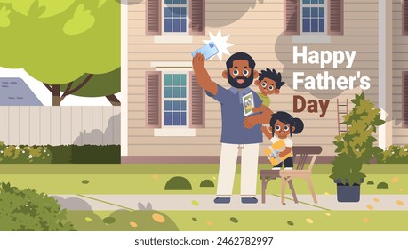 Happy father make selfie at backyard with son and daughter. Happy Father`s Day flat vector illustration