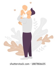 Happy father. A man holds a newborn baby in his arms. Happy family stands against the background of tropical leaves. Vector illustration. Flat design for decoration, print and cards