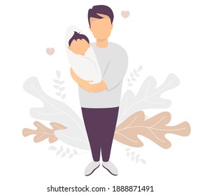 Happy father. A man stands in full growth with a newborn baby in his arms. Against the background of an from tropical leaves and plants. Vector illustration. Happy family - young dad and baby