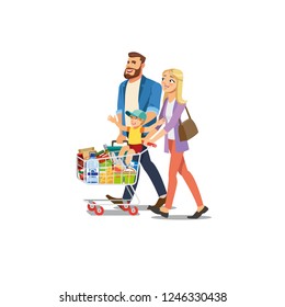 Happy Father, Mother and Child Cartoon Vector Characters Walking with Supermarket Shopping Cart Full of Food Products Isolated on White Background. Parents with Son Buying Groceries. Family Shopping
