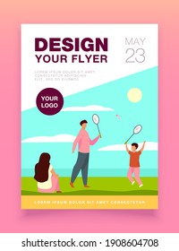 Happy father playing badminton with son. Kid, mother, nature flat vector illustration. Sport game and weekend concept for banner, website design or landing web page