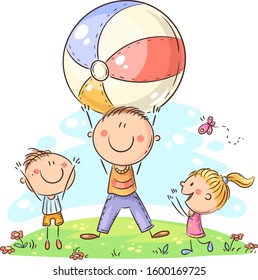 Happy father playing ball with his kids, cartoon drawing