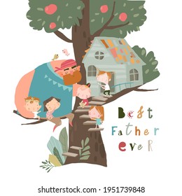 Happy father playing with children on treehouse