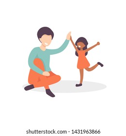 Happy father playing with daughter. Father giving high five. Flat vector illustration characters. 