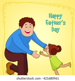 Happy Father playing with his cute little daughter on yellow background, Elegant greeting card design for Happy Father's Day celebration.