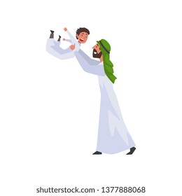 Happy Father Playing with His Little Son, Muslim Arab Family in Traditional Clothes Vector Illustration