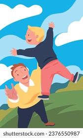 Happy Father Playing with His Son Throwing Him in the Air Spend Time Together Vector Illustration