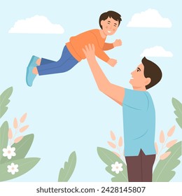 Happy father playing with his son. Happy smiling characters spending time together.  Dad holding up his child.Happy Father's Day. Vector flat illustration 
