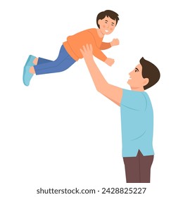 Happy father playing with his son. Happy smiling characters spending time together.  Dad holding up his child.Happy Father's Day. Vector flat illustration 
