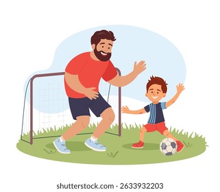Happy father playing soccer with son Smiling dad acting as goalkeeper and cheerful boy kicking ball towards the goal Fun family outdoor activity Parenting time concept Vector illustration Father's day