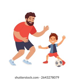 Happy father playing soccer with son Smiling dad acting as goalkeeper and cheerful boy kicking ball towards the goal Fun family outdoor activity Parenting time concept Vector illustration Father's day