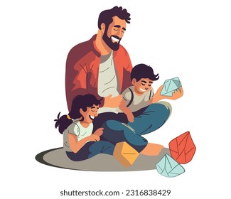 
Happy father playing with son and daughter, father's day. Flat vector illustration