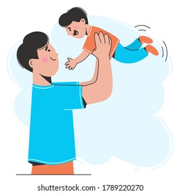  A happy father plays with his son, throws him in the air.  The concept of a friendly family, Father’s Day. Vector illustration in flat style.