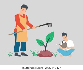 Happy father plows and digs the ground while his son watering the plant. Dad teaches his boy gardening outside. Concept of family time, green ecology, earth day and forest conservation. Vector stock