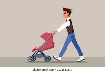 
Happy Father Pushing The Stroller Vector Cartoon Illustration. Cool Loving Dad Spending Time With His Little Baby Walking Outdoors
