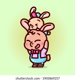 AN HAPPY FATHER AND RABBIT KID PLAYING TOGETHER ILLUSTRATION.