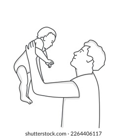 Happy father raises the child. Father's Day concept. Hand drawn vector illustration.