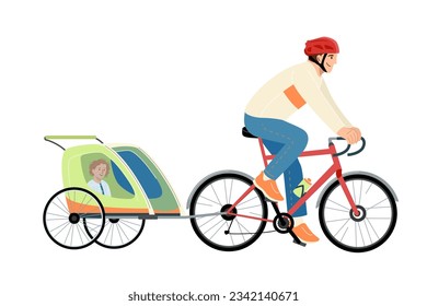 Happy father riding bicycle with child in trailer. Modern dad cycling bike with kid. Daddy together with daughter at leisure outdoor. Flat vector illustration isolated on white background