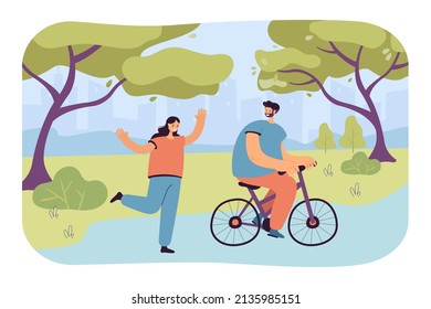 Happy father riding bicycle with kid flat vector illustration. Dad and daughter walking, having fun in park together. Family, sport, recreation concept for banner, website design or landing web page