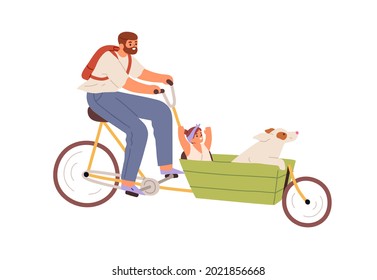 Happy father riding cargo bicycle with child and dog in carriage. Dad cycling bike with kid. Daddy together with daughter and pet at leisure. Flat vector illustration isolated on white background