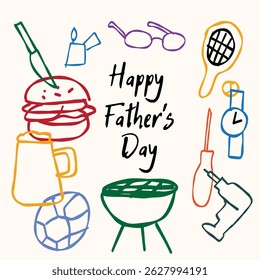 Happy father s day celebration with doodles of grilling, sports, and hobbies