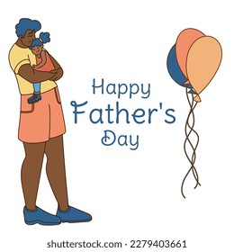 Happy Father s day greeting card. Dad carries his daughter in his arms Cheerful cartoon characters. Vector illustration