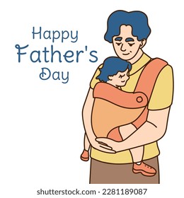 Happy Father s day greeting card. Dad carries his daughter in his arms Cheerful cartoon characters. Vector illustration
