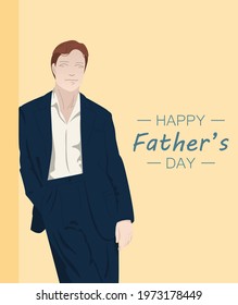 Happy Father s Day. Illustration for greeting cards. A man in a blue suit on a yellow background. Presentable man, Vector illustration.